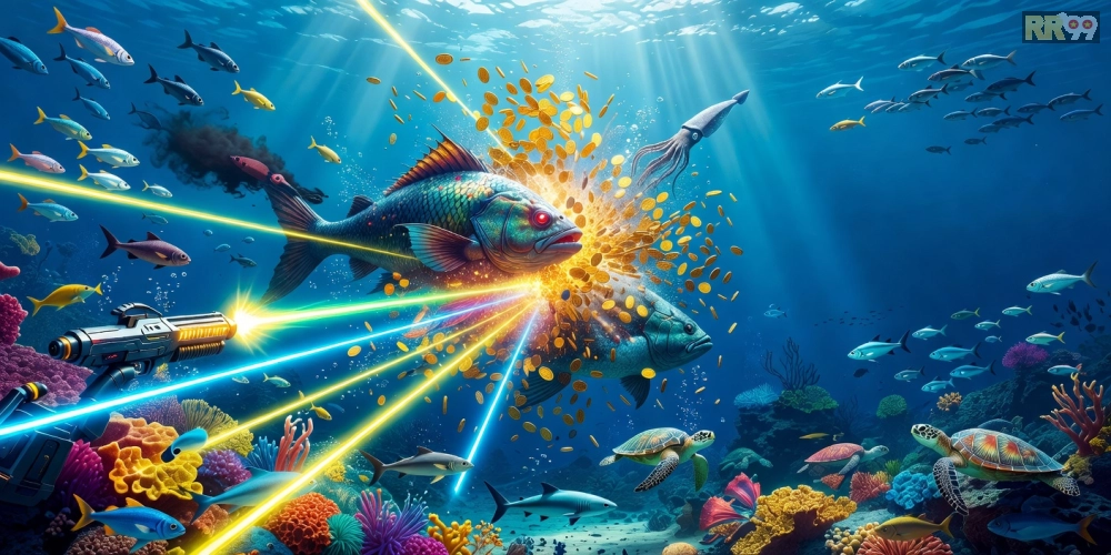 Hình ảnh cảnh săn cá lớn trong game bắn cá rr99 với hiệu ứng nổ và phần thưởng vàng
