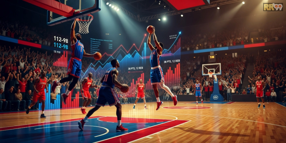 Hình ảnh cập nhật tin NBA trên nền tảng rr99 với các ngôi sao bóng rổ và dữ liệu thống kê sống động