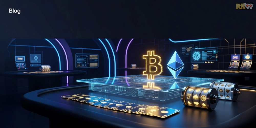 Khái niệm cơ bản về crypto casino rr99 với giao diện hiện đại và biểu tượng tiền điện tử