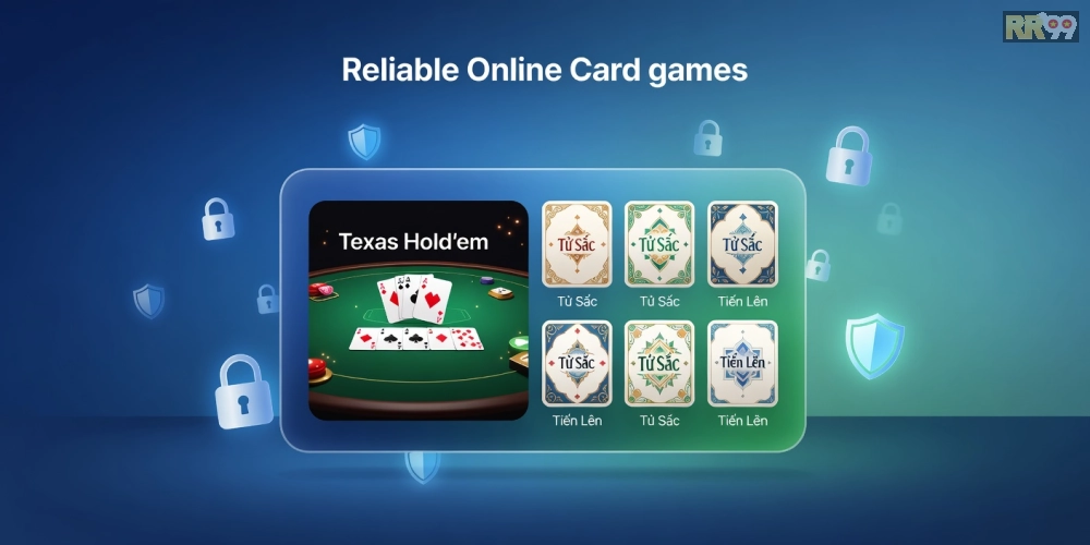Hình ảnh minh họa giao diện game bài uy tín rr99 với các trò chơi phổ biến và yếu tố bảo mật.