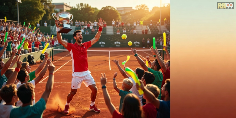 Hình ảnh minh họa Djokovic nâng cúp vô địch tennis với đám đông khán giả reo hò sôi động.