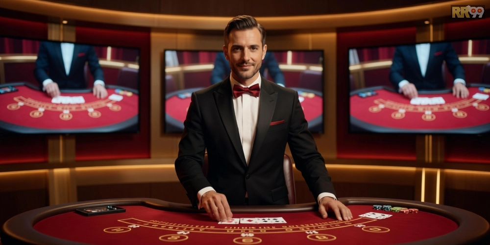 Khái niệm live casino rr99 được minh họa qua dealer chuyên nghiệp và bàn chơi trực tiếp