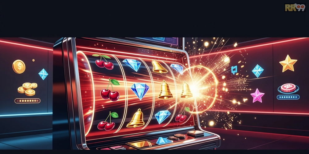 Khái niệm nổ hũ đổi thưởng rr99 được minh họa qua hình ảnh slot machine hiện đại và jackpot bùng nổ
