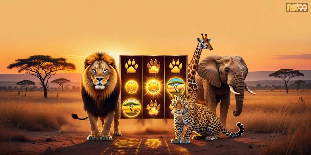 Hình ảnh động vật hoang dã trong game Safari Heat trên RR99 với biểu tượng jackpot sáng rực